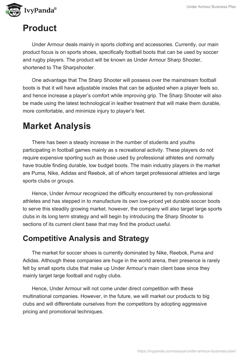 Under Armour Business Plan. Page 2