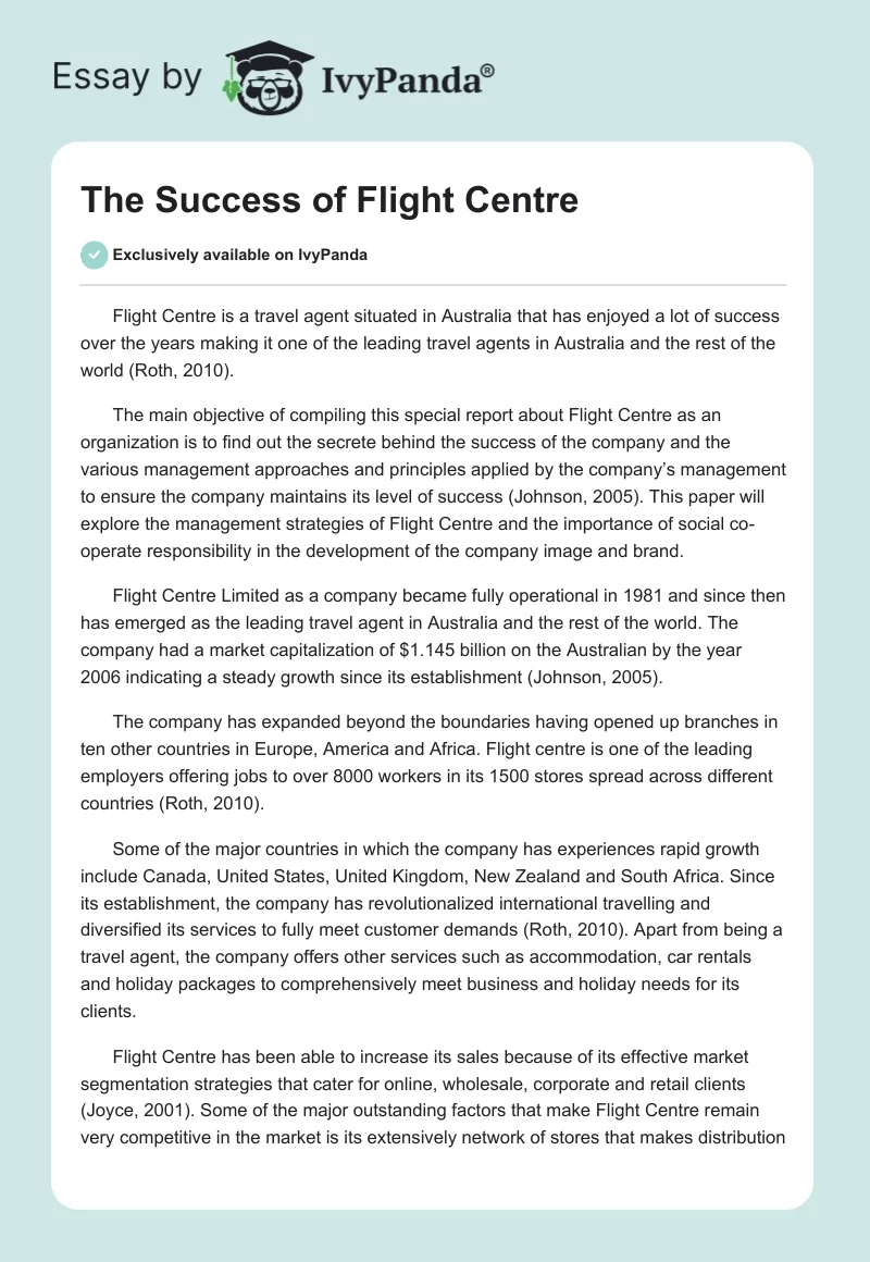 The Success of Flight Centre. Page 1