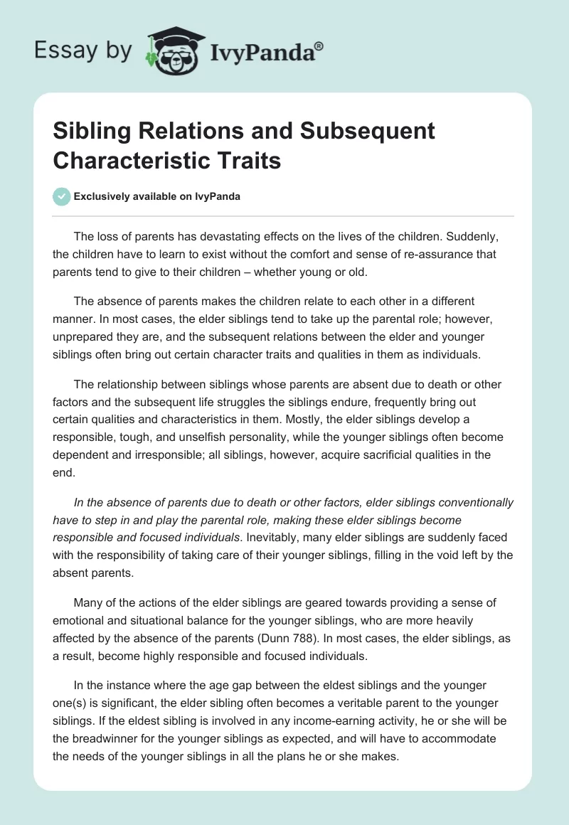 Sibling Relations and Subsequent Characteristic Traits. Page 1