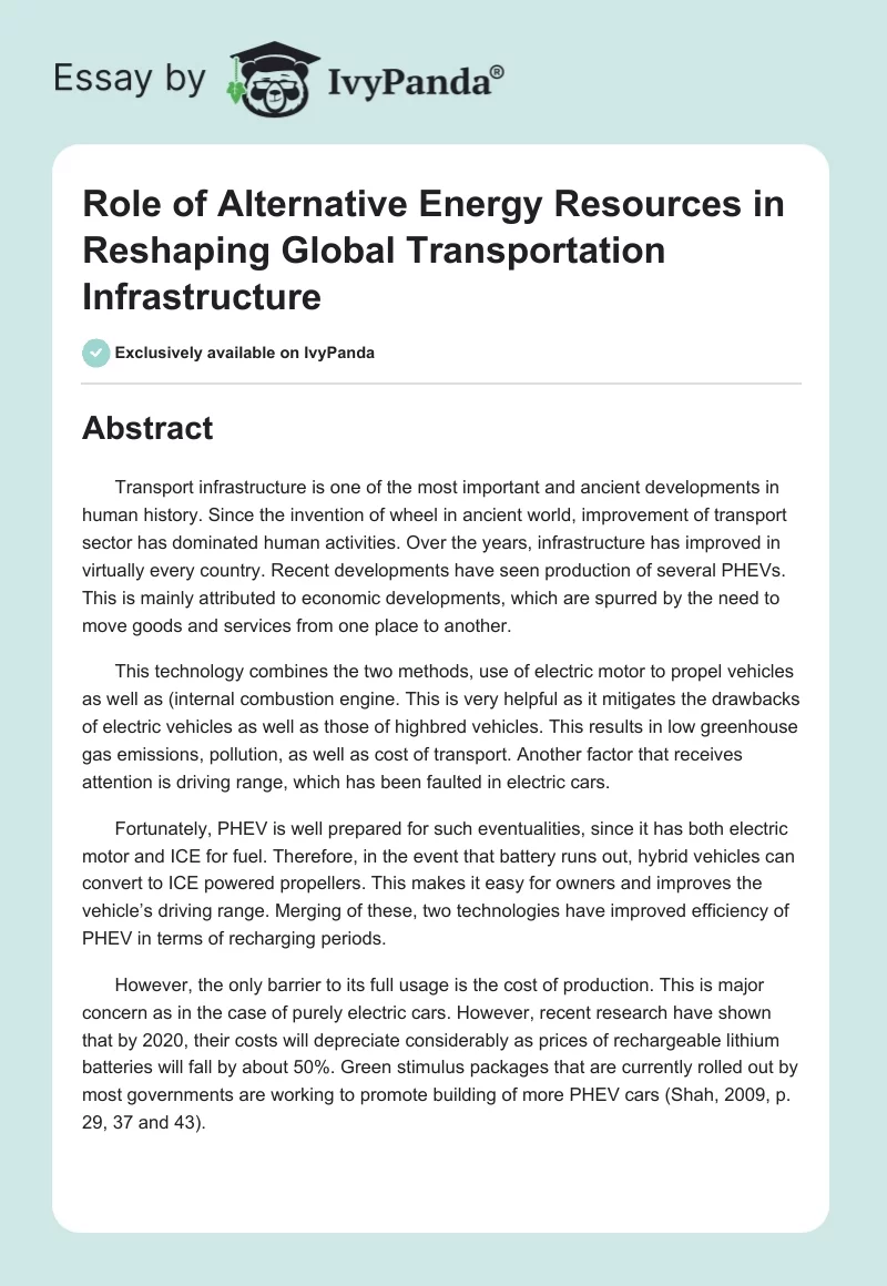 Role of Alternative Energy Resources in Reshaping Global Transportation Infrastructure. Page 1