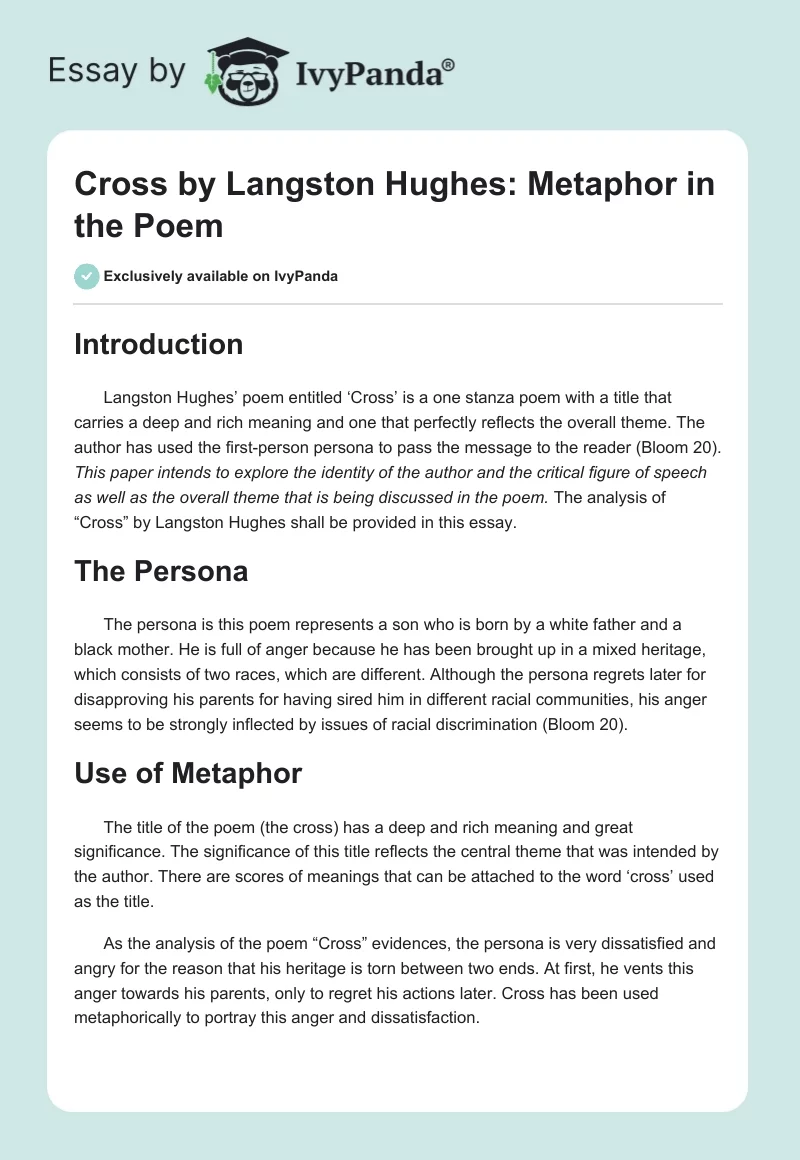 "Cross" by Langston Hughes: Metaphor in the Poem. Page 1