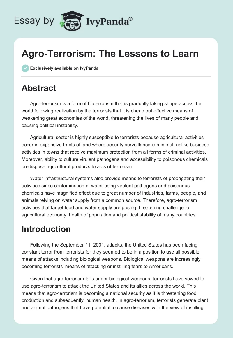 Agro-Terrorism: The Lessons to Learn. Page 1