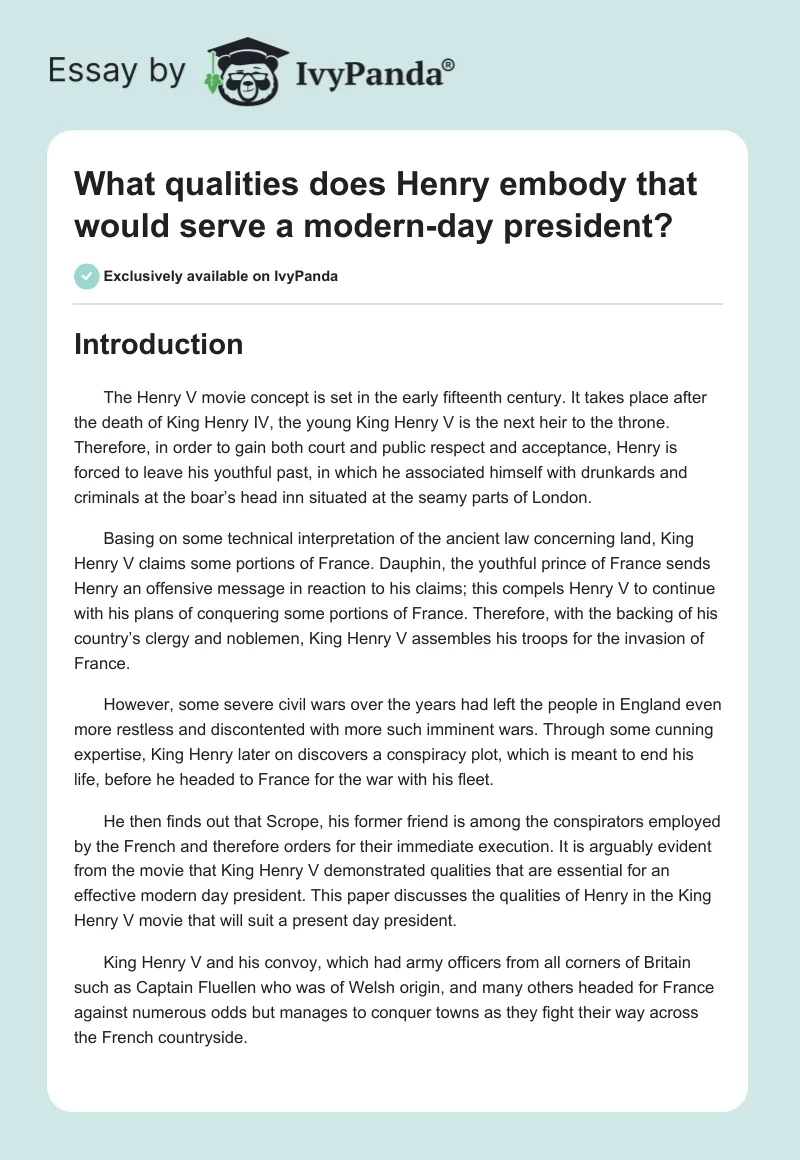 What qualities does Henry embody that would serve a modern-day president?. Page 1