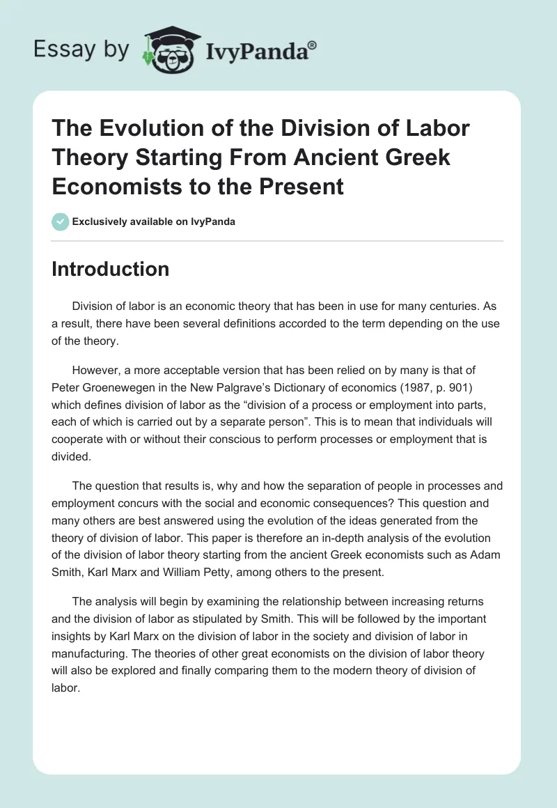 The Evolution of the Division of Labor Theory Starting From Ancient Greek Economists to the Present. Page 1