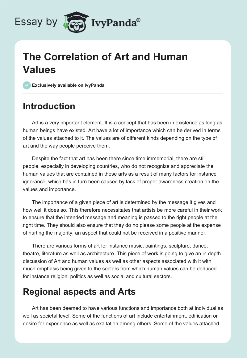 The Correlation of Art and Human Values. Page 1