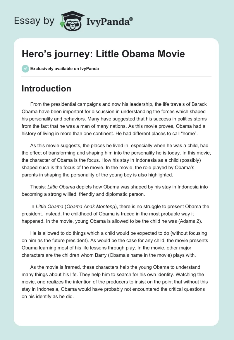Hero’s Journey: "Little Obama" Movie. Page 1