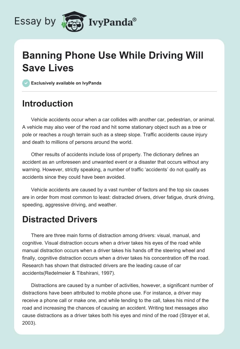 Banning Phone Use While Driving Will Save Lives. Page 1