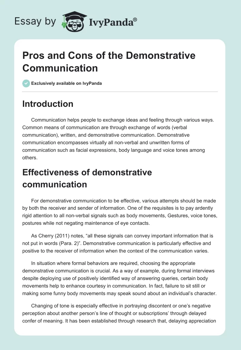 Pros and Cons of the Demonstrative Communication. Page 1