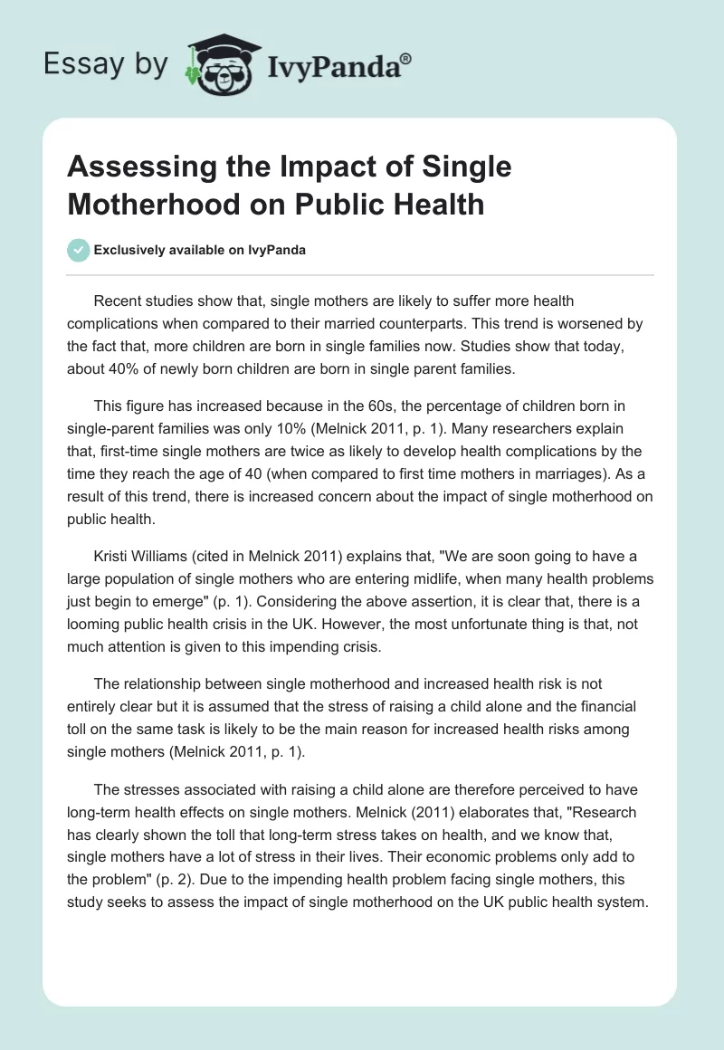 Assessing the Impact of Single Motherhood on Public Health. Page 1