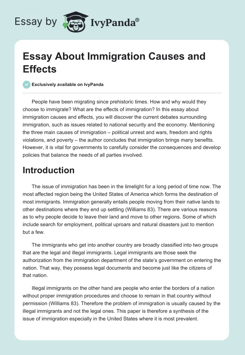 Essay About Immigration Causes and Effects. Page 1