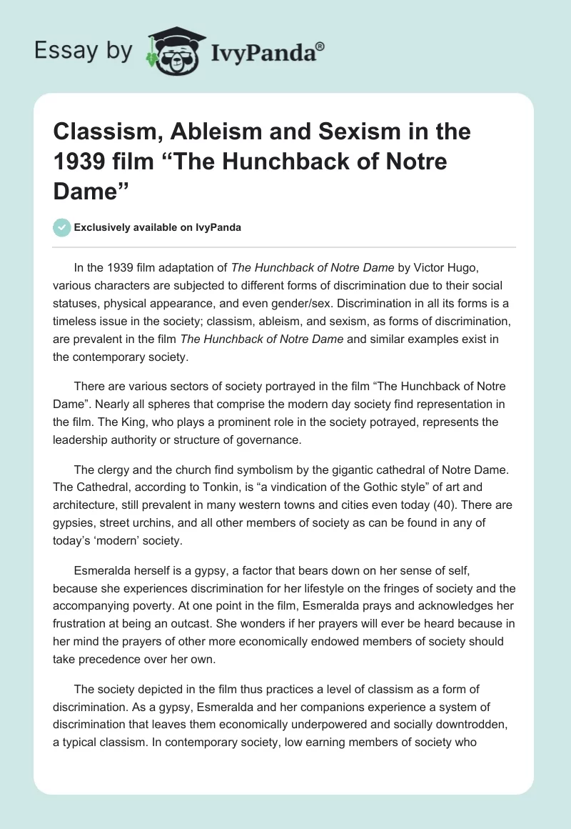 Classism, Ableism and Sexism in the 1939 Film “The Hunchback of Notre Dame”. Page 1