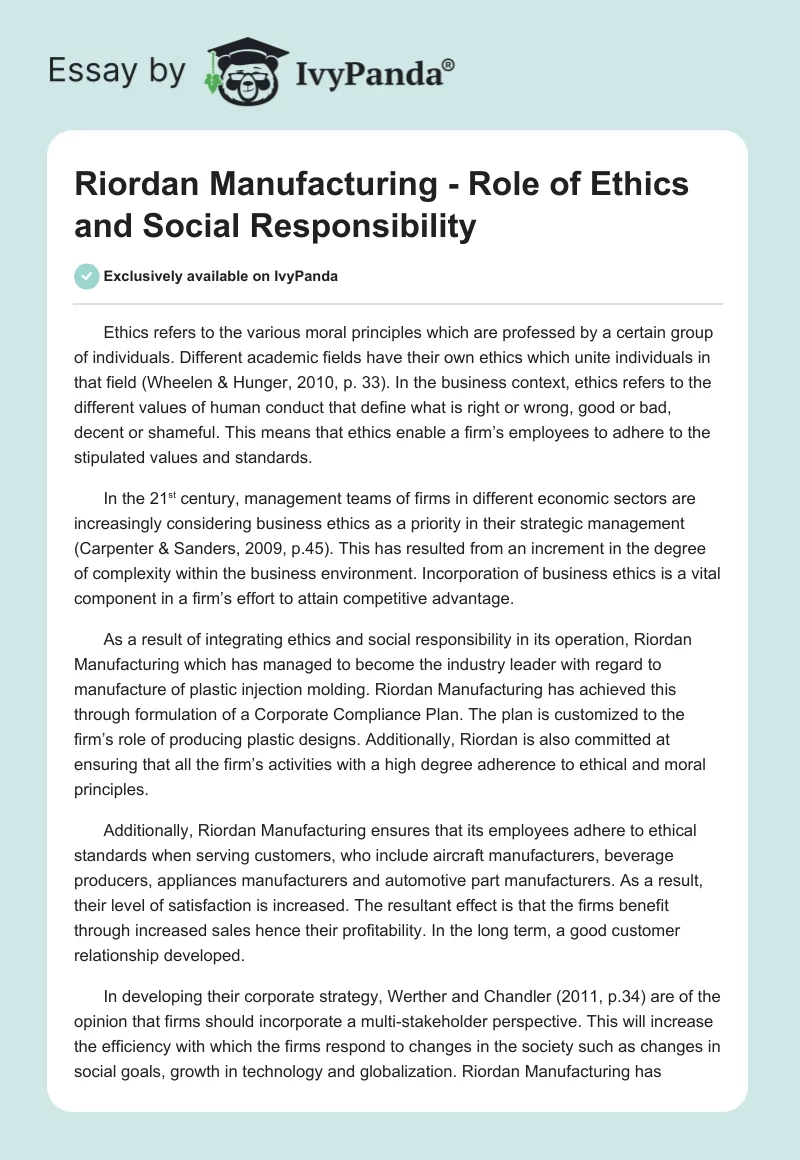 Riordan Manufacturing - Role of Ethics and Social Responsibility. Page 1