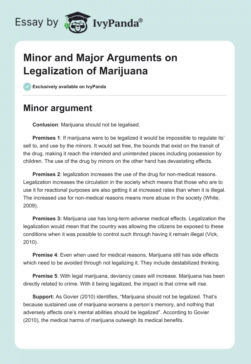 Minor and Major Arguments on Legalization of Marijuana. Page 1