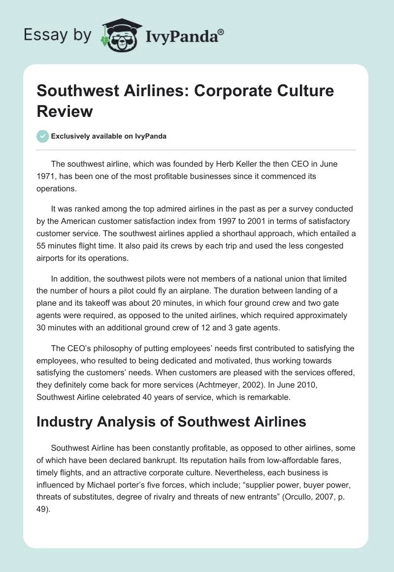 Southwest Airlines: Corporate Culture Review. Page 1