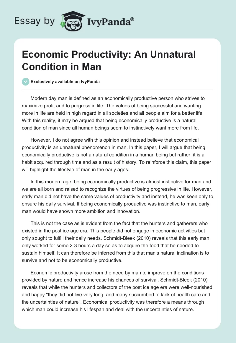 Economic Productivity: An Unnatural Condition in Man. Page 1