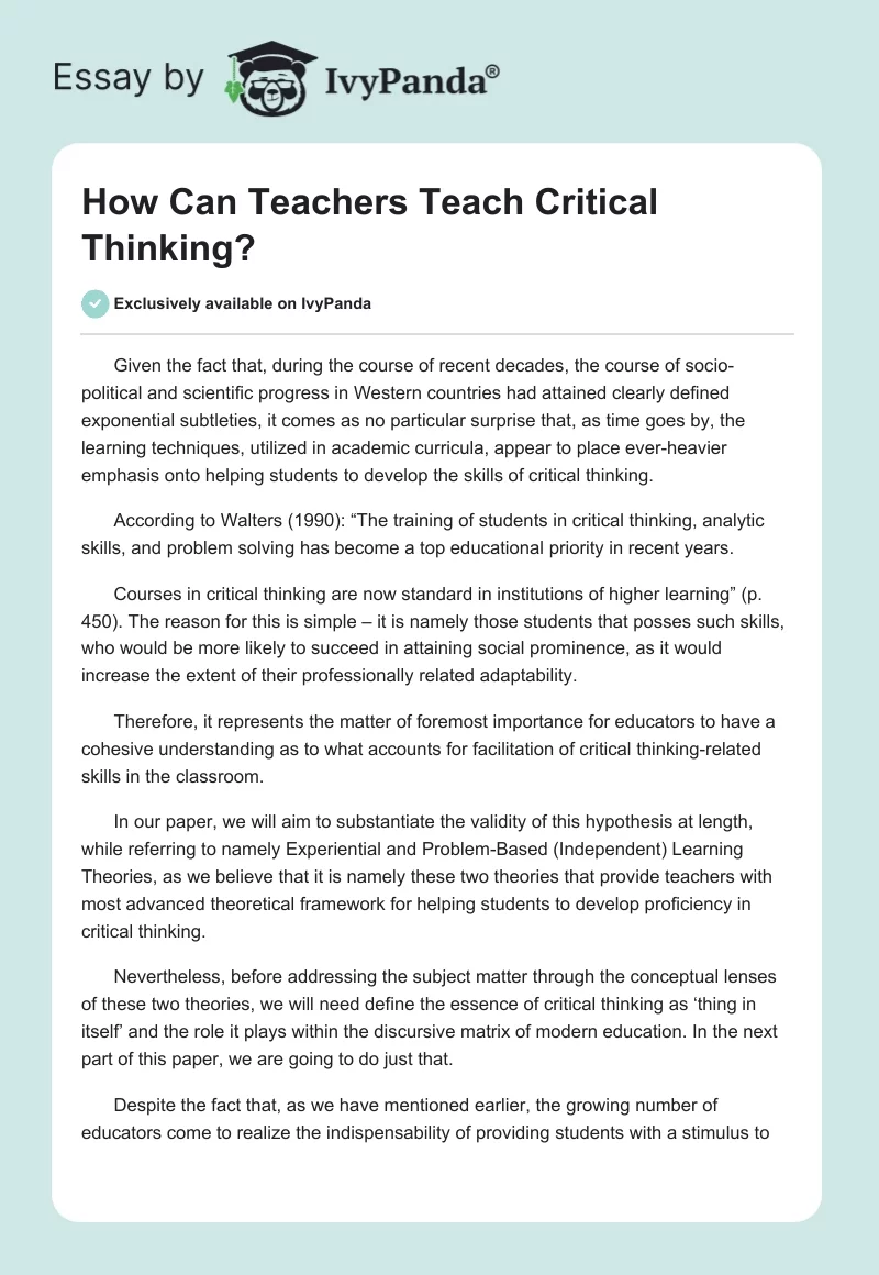 How Can Teachers Teach Critical Thinking?. Page 1