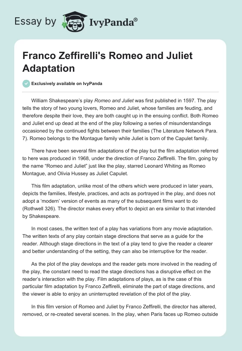 Franco Zeffirelli's "Romeo and Juliet" Adaptation. Page 1