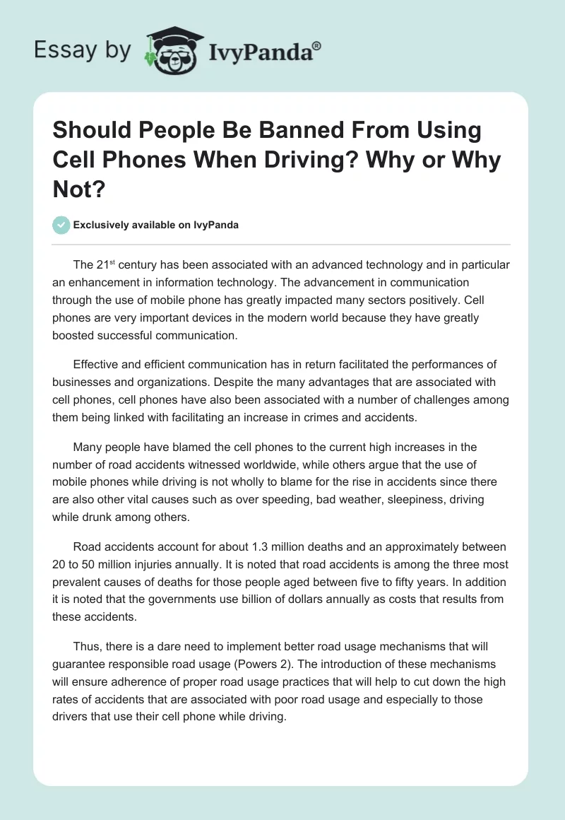Should People Be Banned From Using Cell Phones When Driving? Why or Why Not?. Page 1