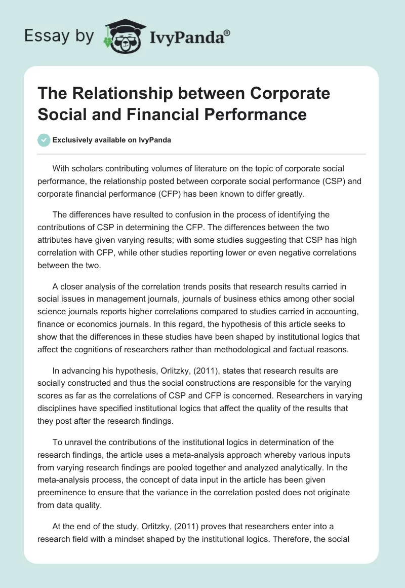 The Relationship Between Corporate Social and Financial Performance. Page 1