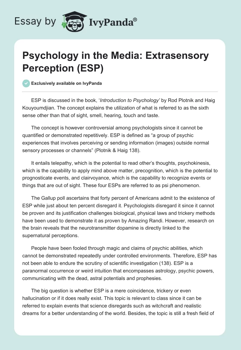 Psychology in the Media: Extrasensory Perception (ESP). Page 1