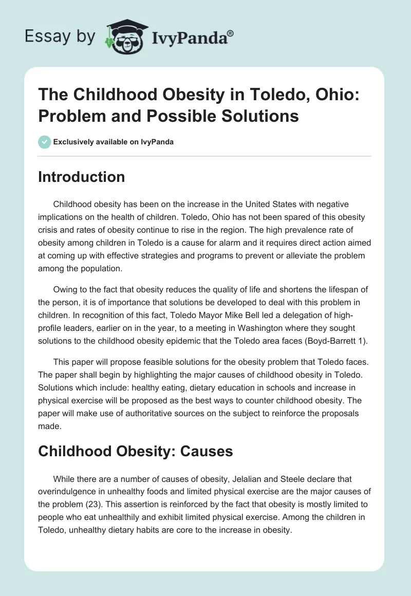 The Childhood Obesity in Toledo, Ohio: Problem and Possible Solutions. Page 1