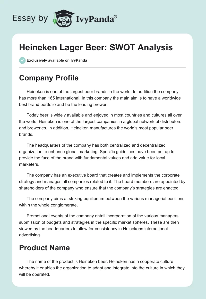 Heineken Lager Beer: SWOT Analysis. Page 1