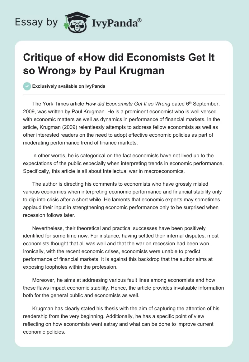 Critique of «How did Economists Get It so Wrong» by Paul Krugman. Page 1