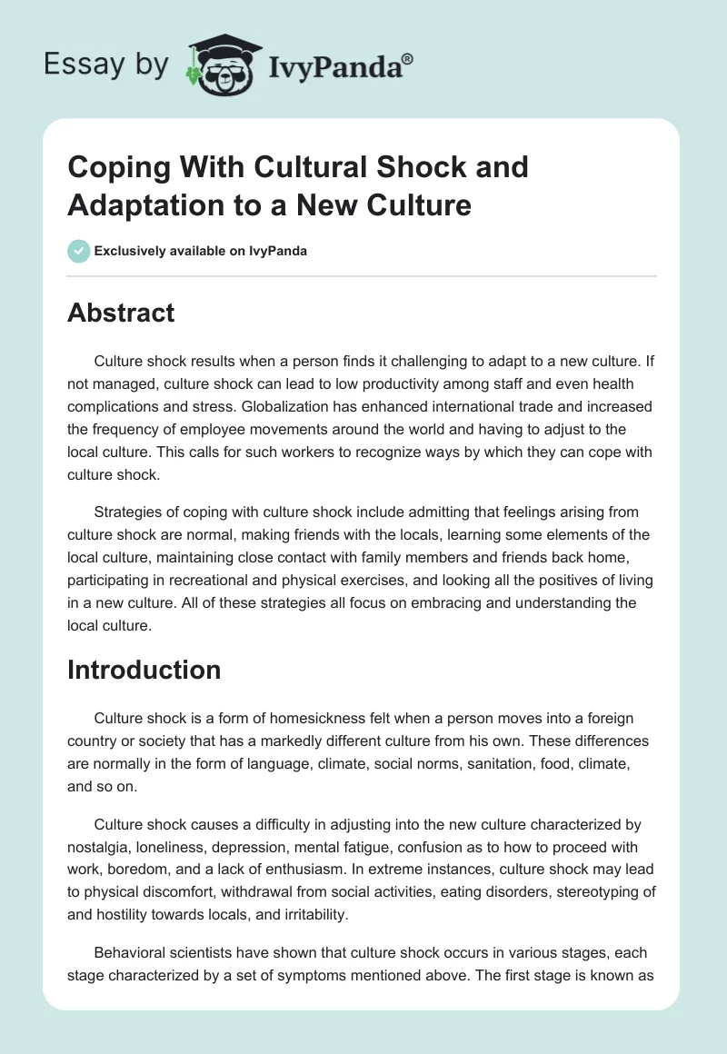 Coping With Cultural Shock and Adaptation to a New Culture. Page 1