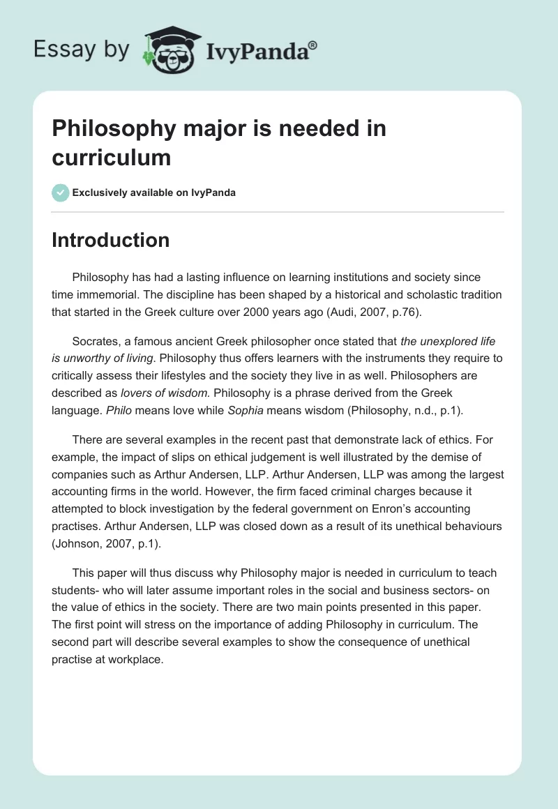 Philosophy Major Is Needed in Curriculum. Page 1