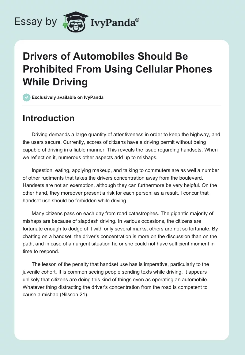 Drivers of Automobiles Should Be Prohibited From Using Cellular Phones While Driving. Page 1