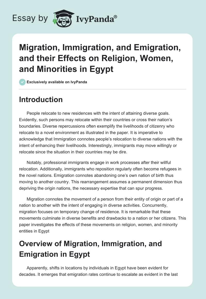 Migration, Immigration, and Emigration, and their Effects on Religion, Women, and Minorities in Egypt. Page 1