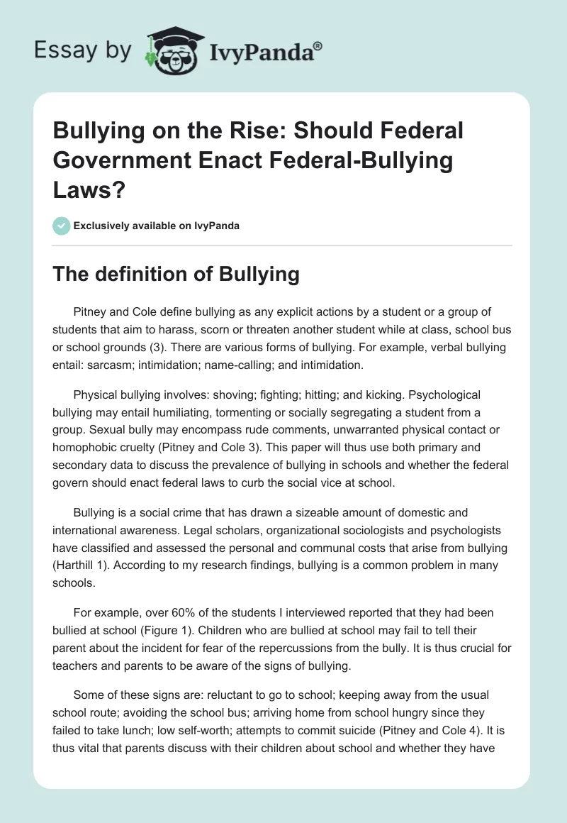 Bullying on the Rise: Should Federal Government Enact Federal-Bullying Laws?. Page 1