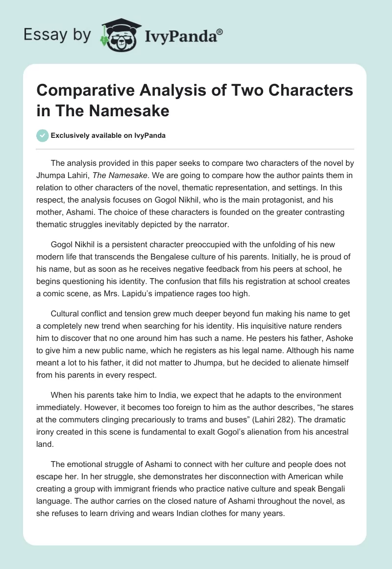 Comparative Analysis of Two Characters in The Namesake. Page 1