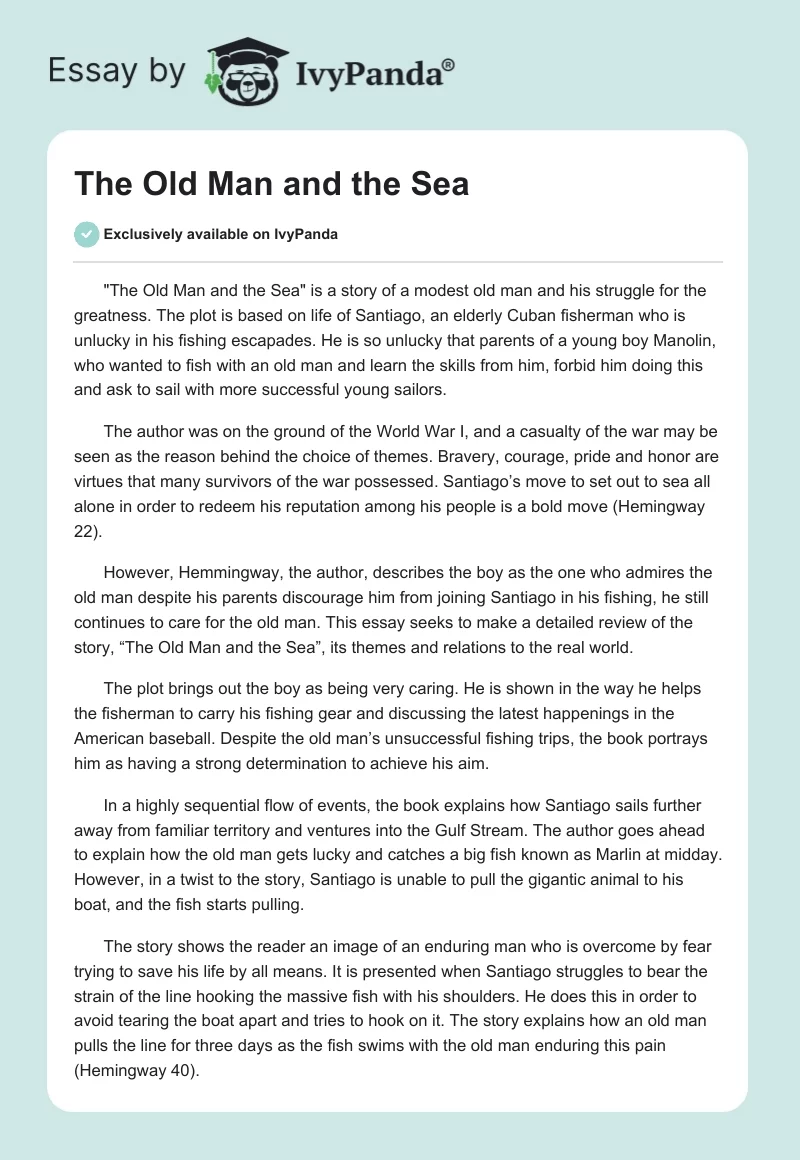 The Old Man and the Sea - 1104 Words | Book Review Example