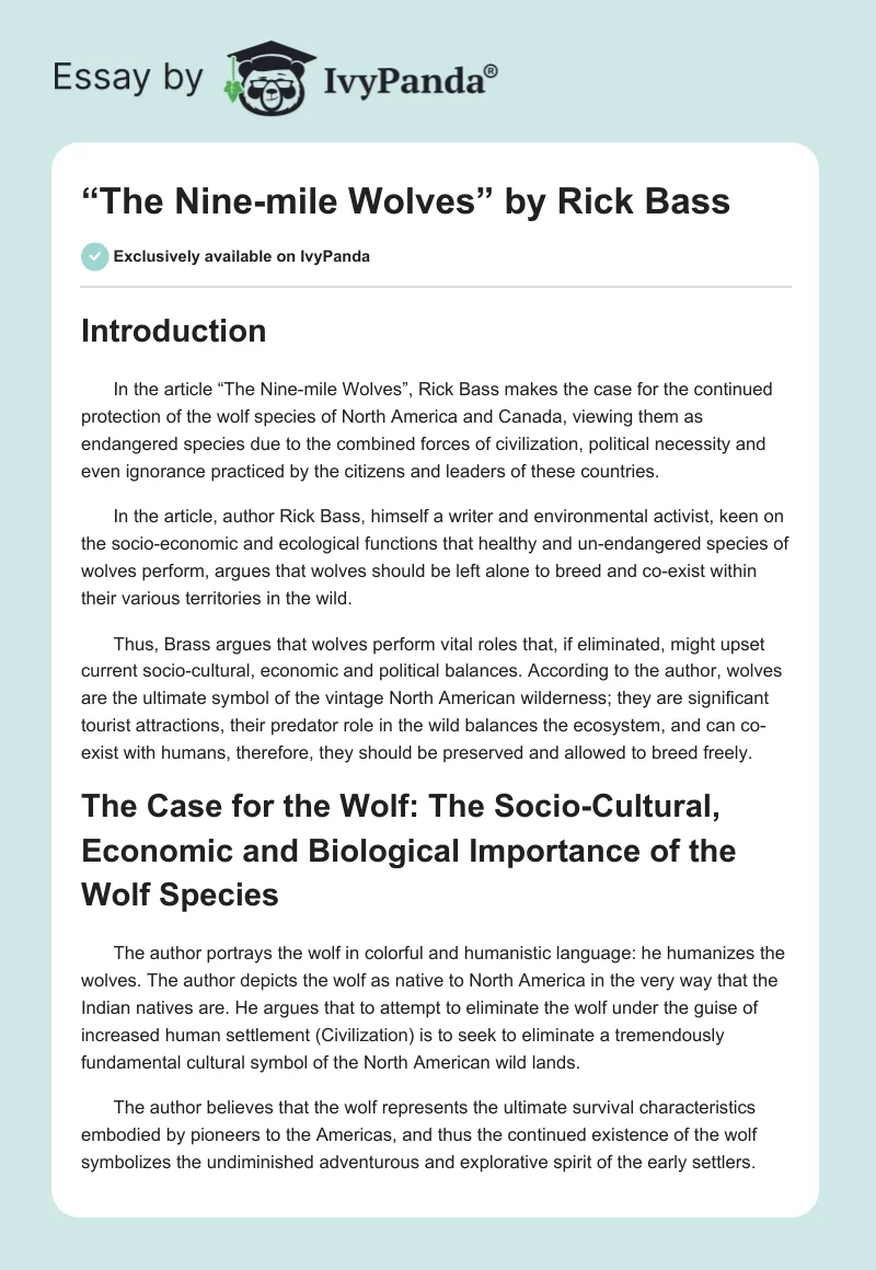 “The Nine-mile Wolves” by Rick Bass. Page 1