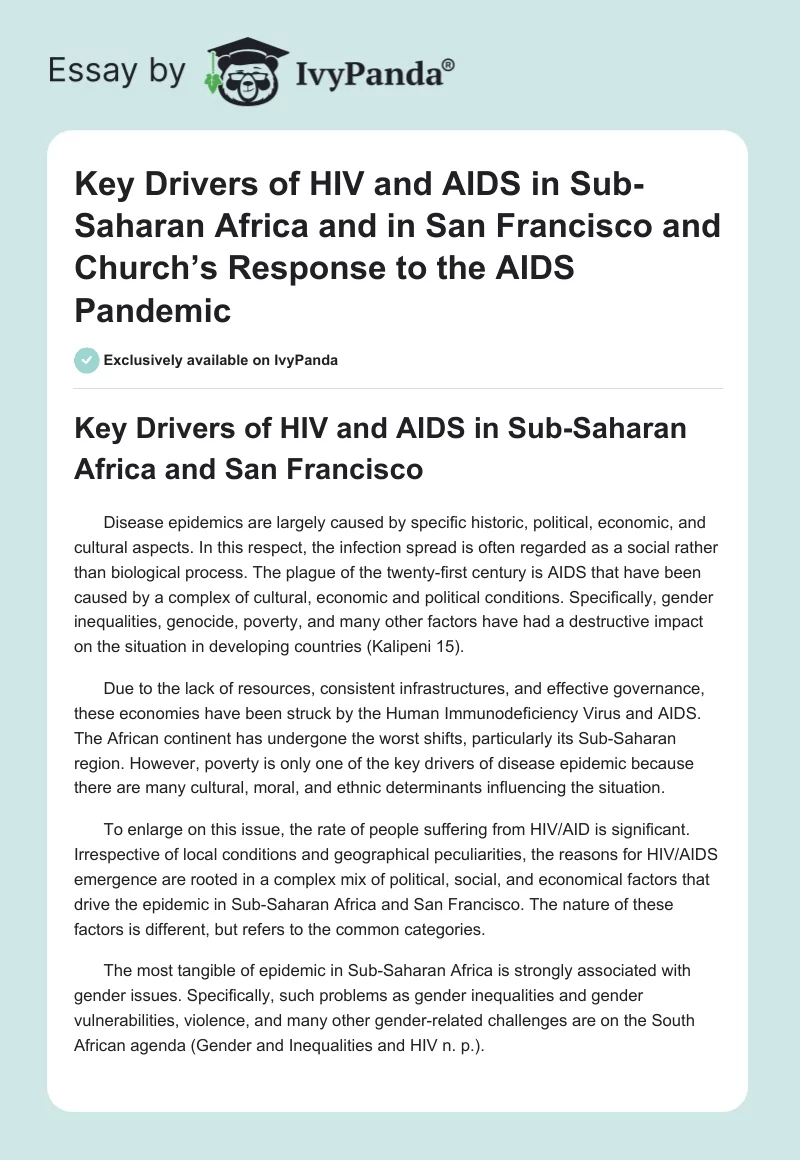 Key Drivers of HIV and AIDS in Sub-Saharan Africa and in San Francisco and Church’s Response to the AIDS Pandemic. Page 1