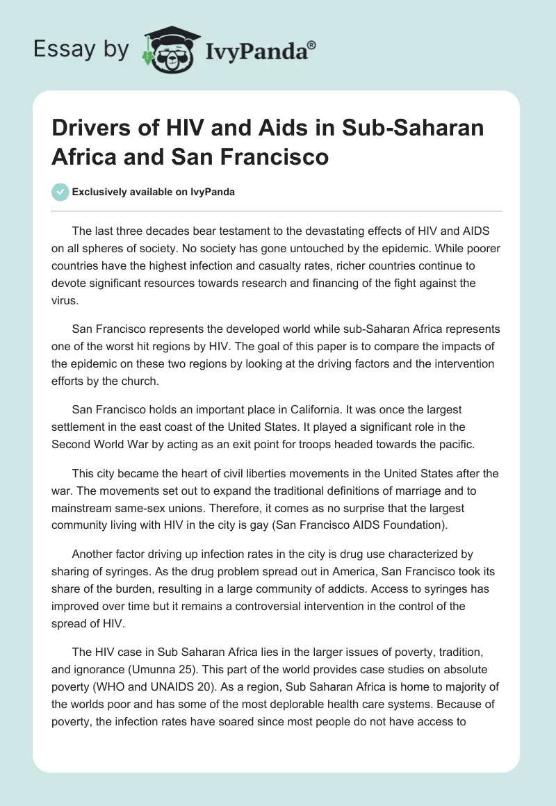 Drivers of HIV and AIDS in Sub-Saharan Africa and San Francisco. Page 1