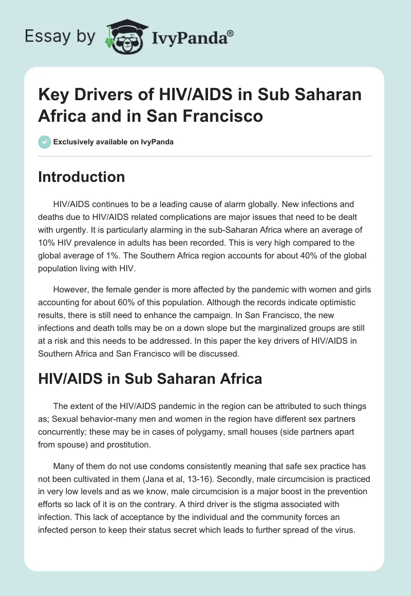 Key Drivers of HIV/AIDS in Sub Saharan Africa and in San Francisco. Page 1