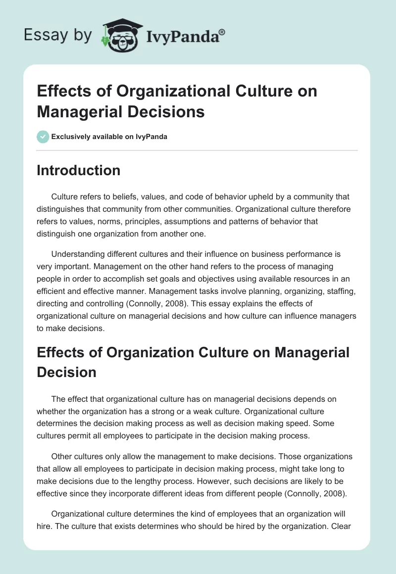 Effects of Organizational Culture on Managerial Decisions. Page 1