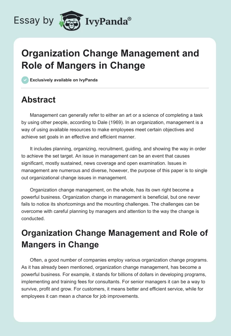 Organization Change Management and Role of Mangers in Change. Page 1