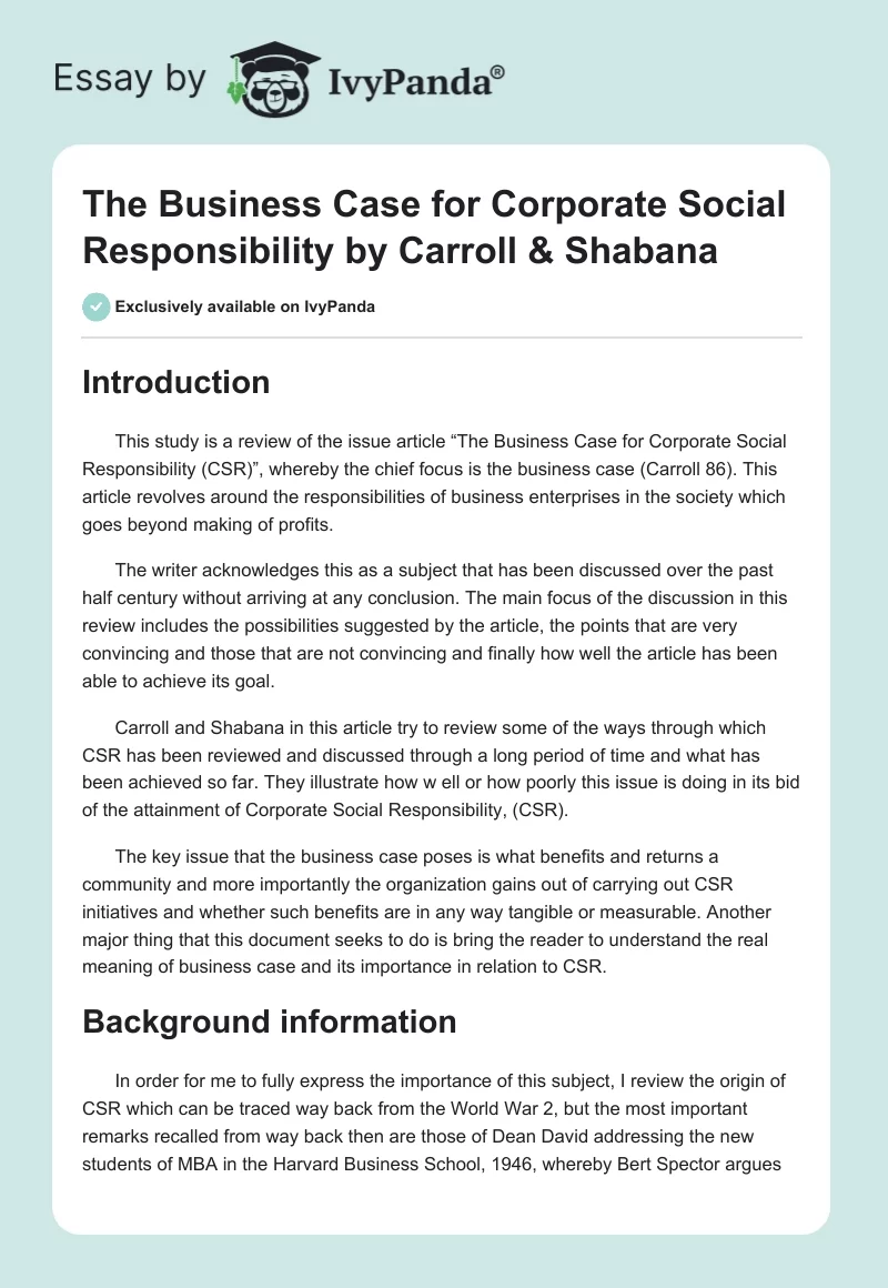 "The Business Case for Corporate Social Responsibility" by Carroll & Shabana. Page 1