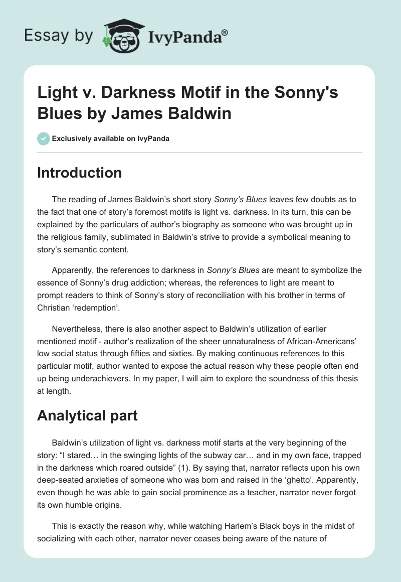 Light v. Darkness Motif in the "Sonny's Blues" by James Baldwin. Page 1
