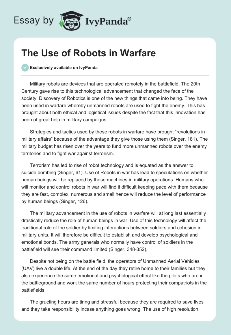 The Use of Robots in Warfare. Page 1