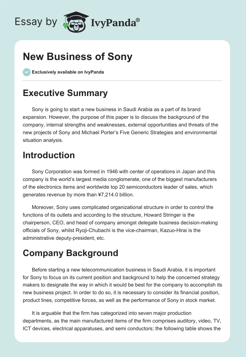 New Business of Sony. Page 1