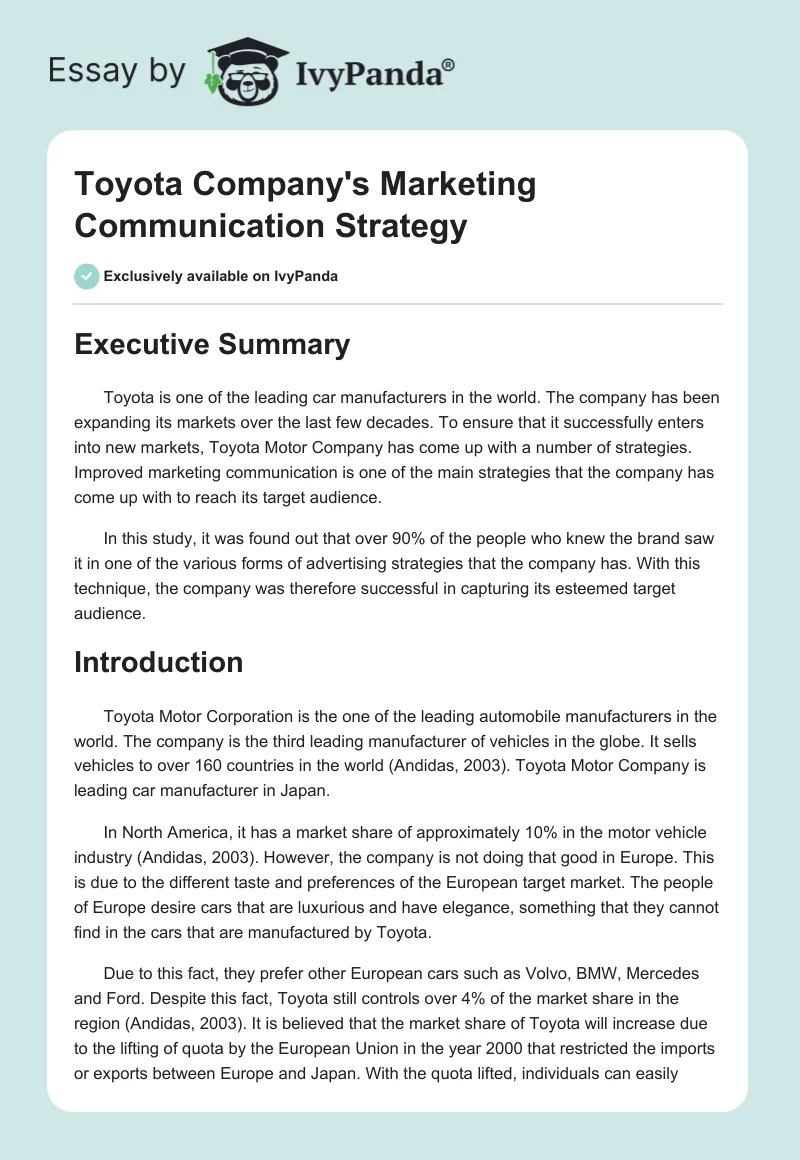 Toyota Company's Marketing Communication Strategy. Page 1