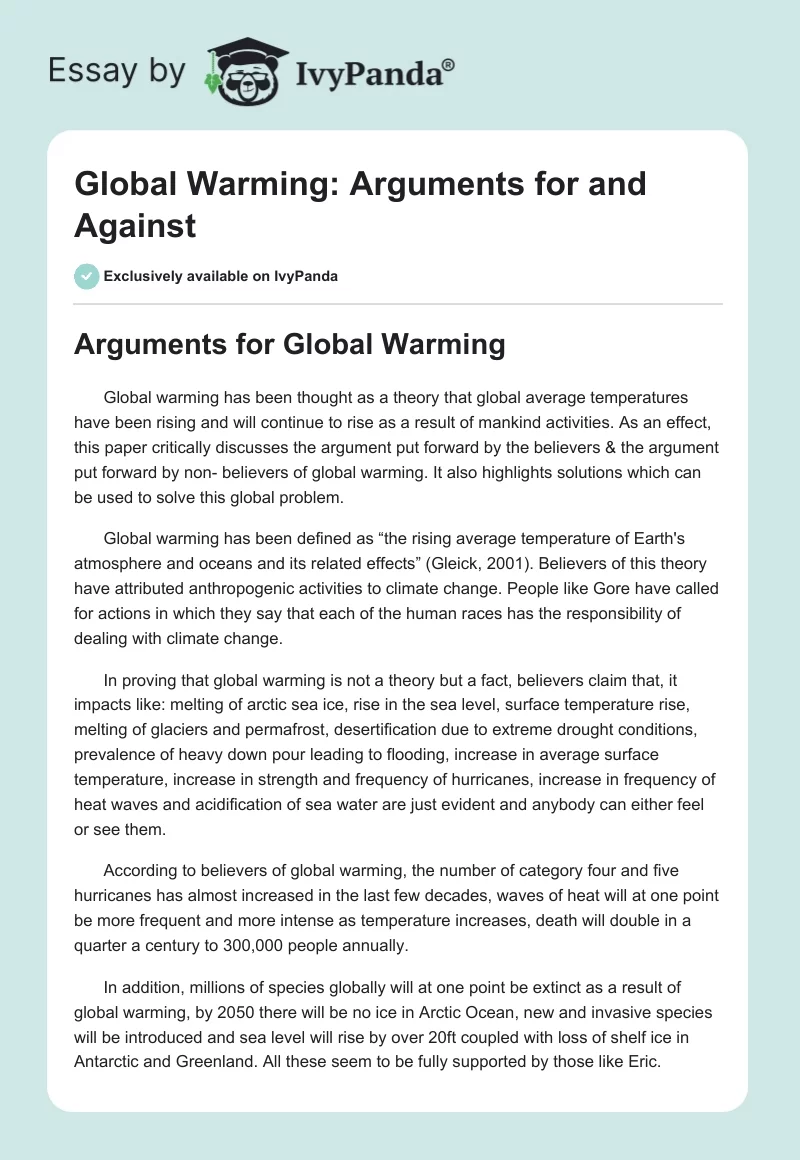 Global Warming: Arguments for and Against. Page 1