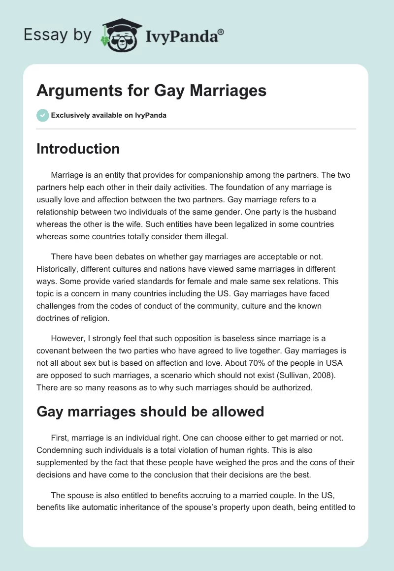 Arguments for Gay Marriages. Page 1