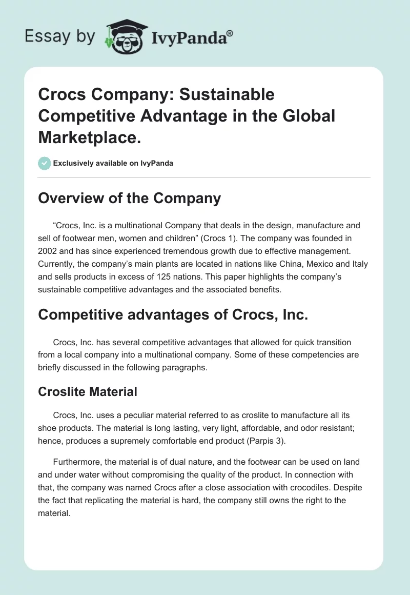 Crocs Company: Sustainable Competitive Advantage in the Global Marketplace.. Page 1