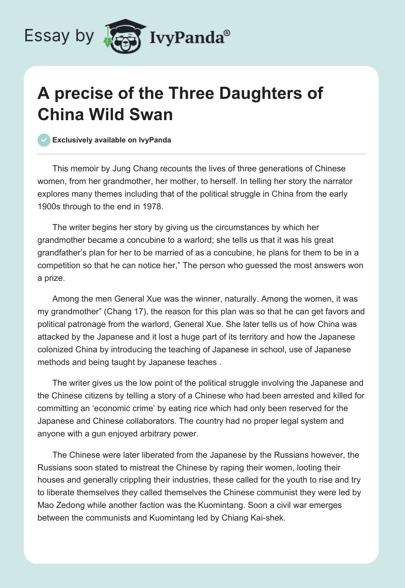 A precise of the Three Daughters of China Wild Swan. Page 1