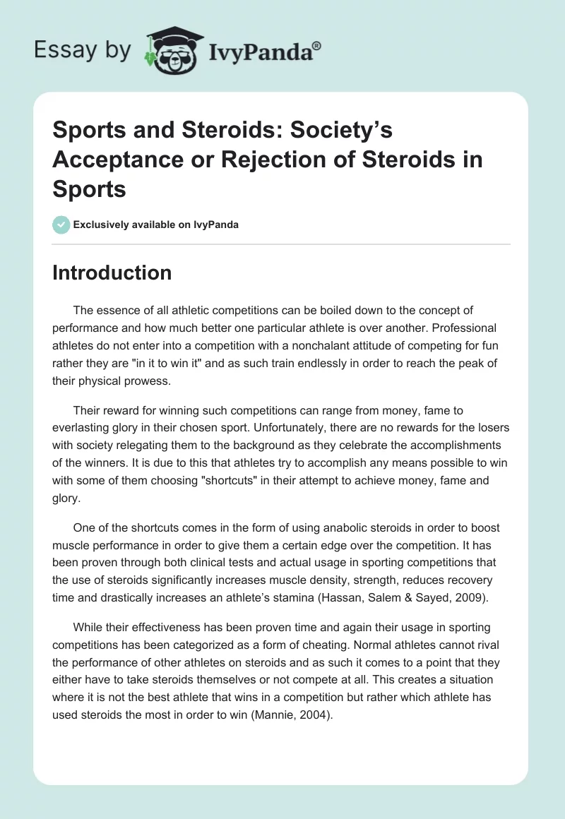 Sports and Steroids: Society’s Acceptance or Rejection of Steroids in Sports. Page 1